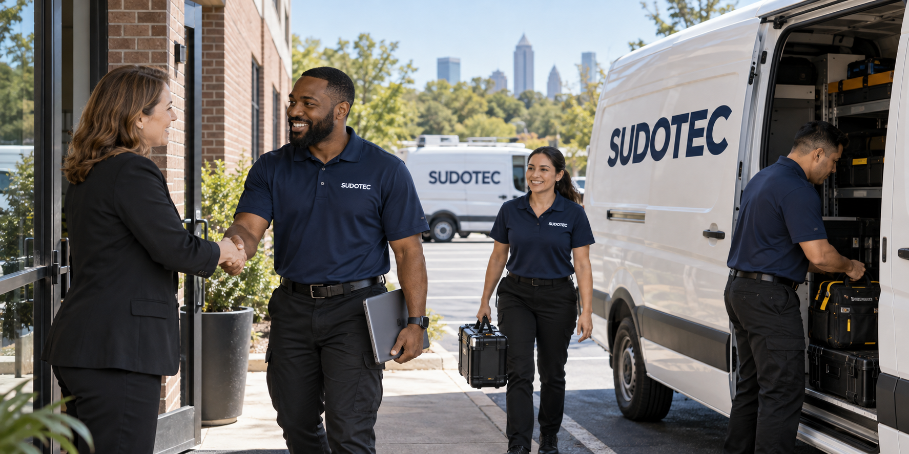 Illustration of field engineers arriving for a customer service visit beside SUDOTEC vans