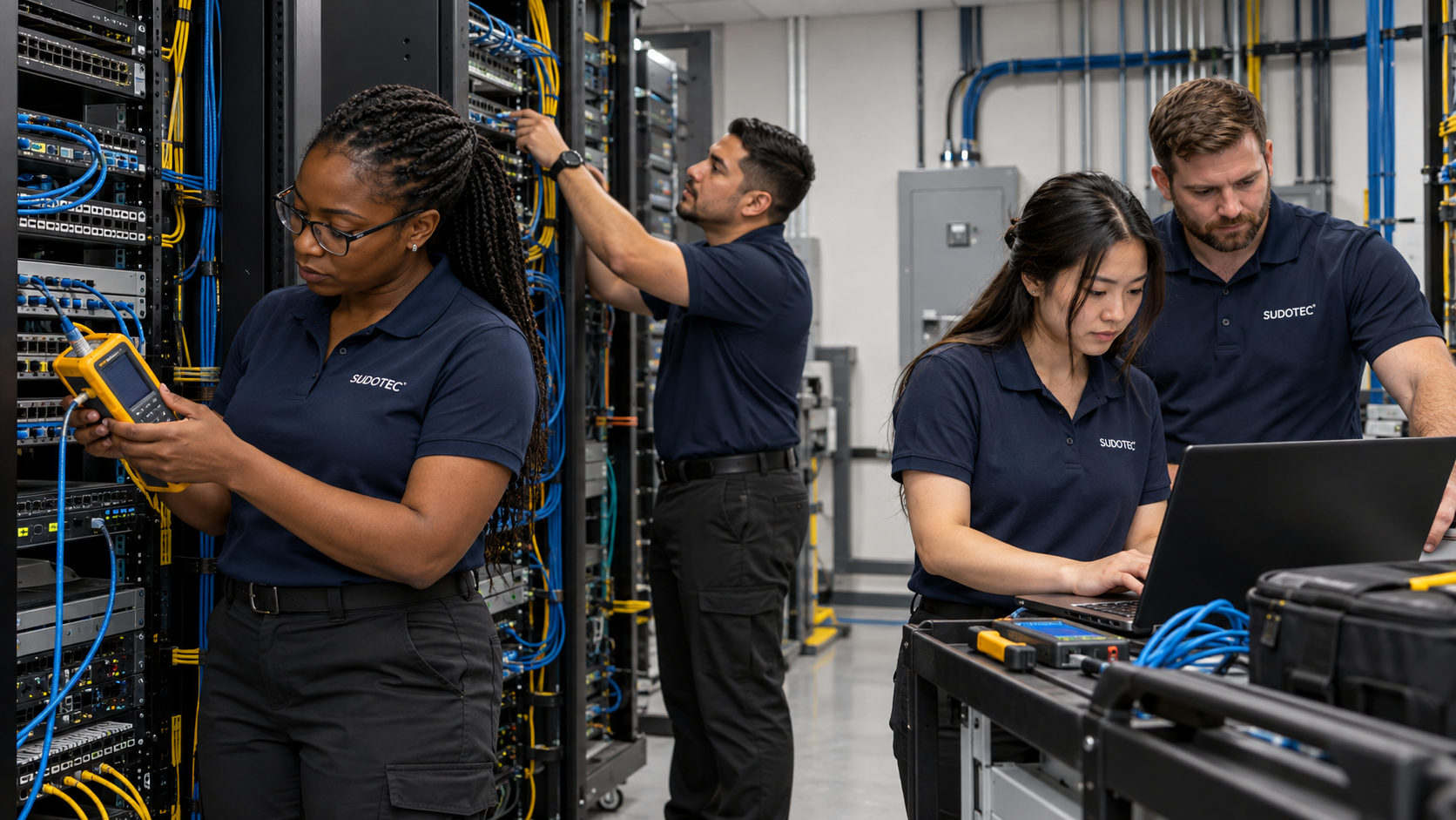 Illustration of field engineers working with network equipment