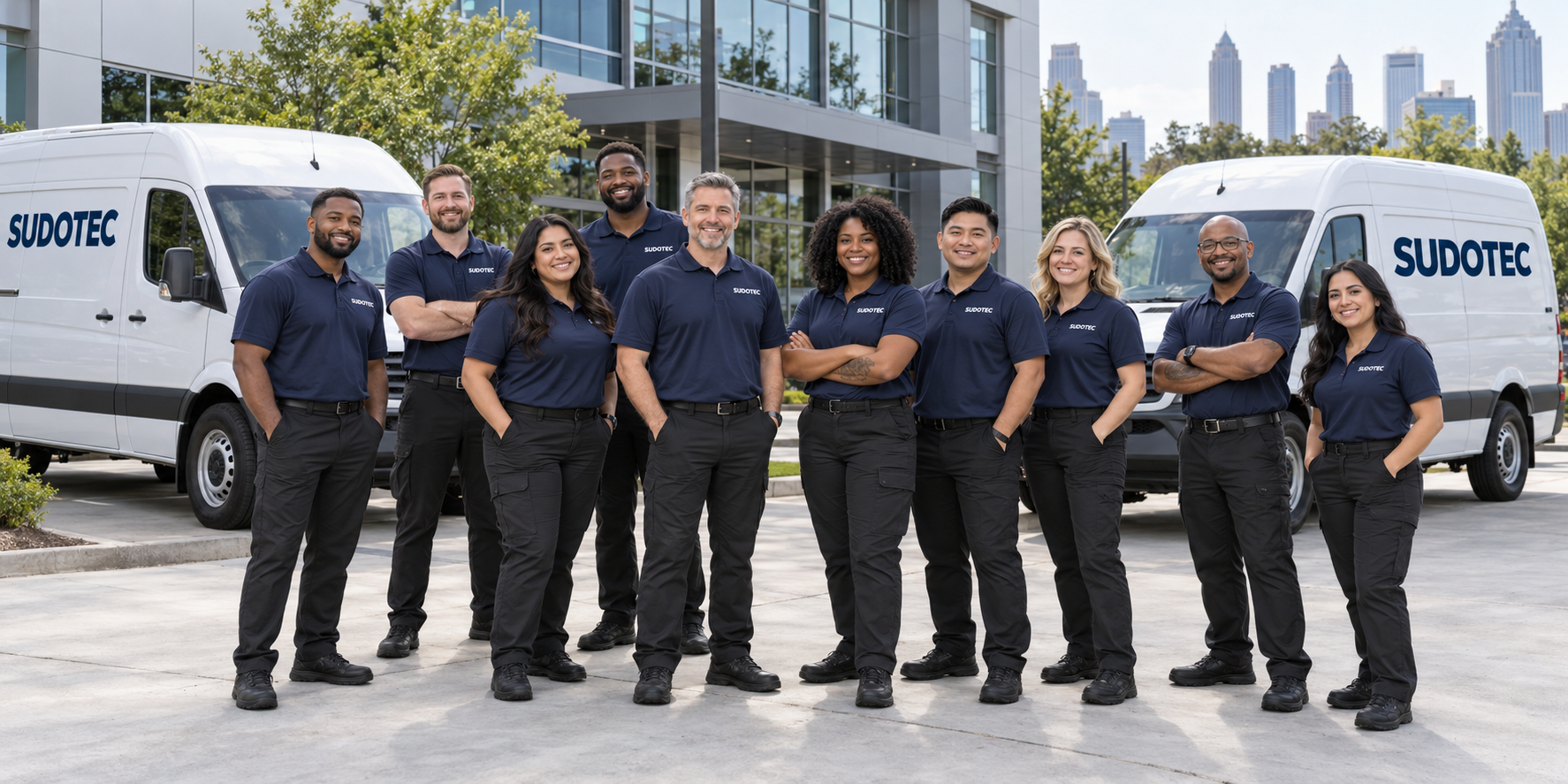 Illustration of a diverse SUDOTEC field service team beside branded vans